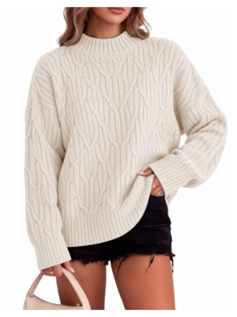 Mock Turtle Neck Cable Knit Sweater Tunic Long Sleeve Pullover